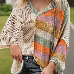 Color Block Striped V-Neck Sweater with Hood